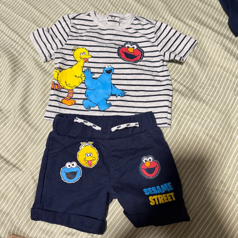 Sesame Street Navy Blue Yellow Red Striped Tee and Shorts Set